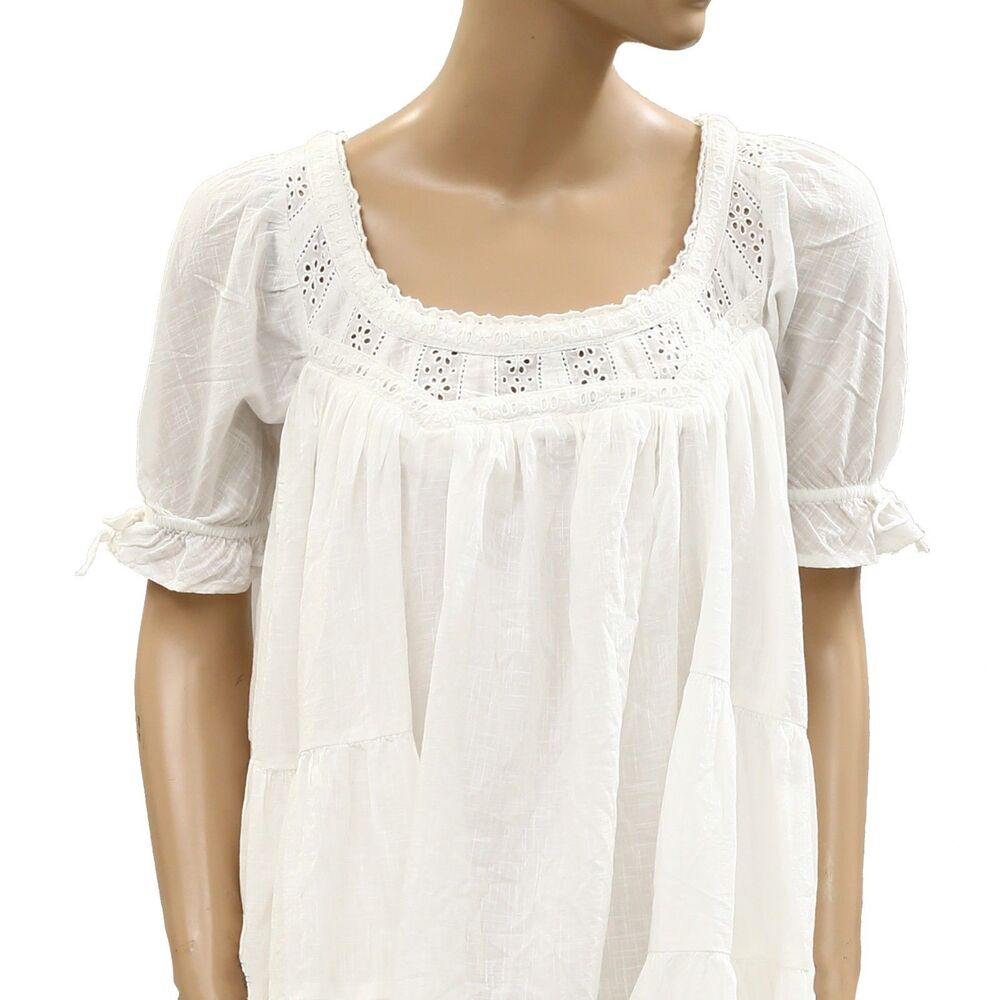 Free People Sandy Shores Babydoll Mini Dress Eyelet Puff Sleeve Solid XS 287320 - Picture 7 of 10